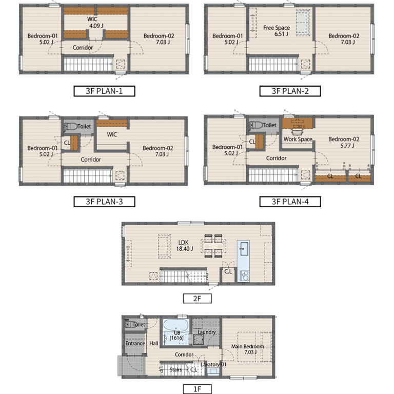 0410サイズ(3階建てプラン)1475万円(税込)1階床面積49.69㎡2階床面積53.00㎡延床面積102.69㎡建物面積 59.63㎡